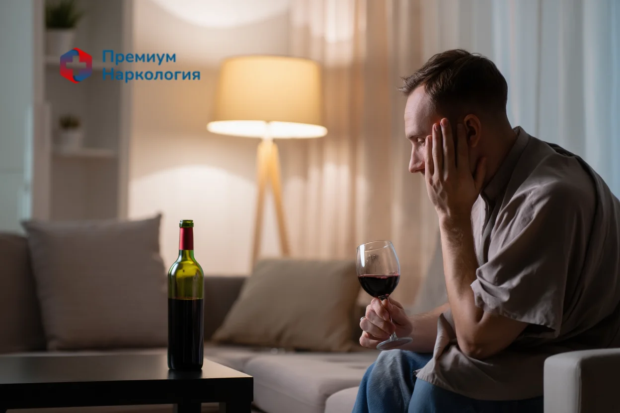 Мужчина пьет вино дома